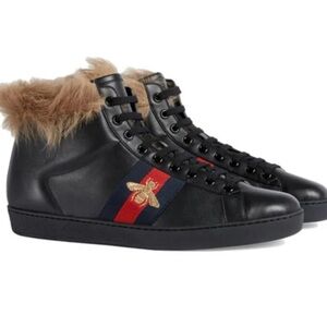 GUCCI Men's US Size 7.5 Black Ace High Top Sneakers with Fur EXCELLENT